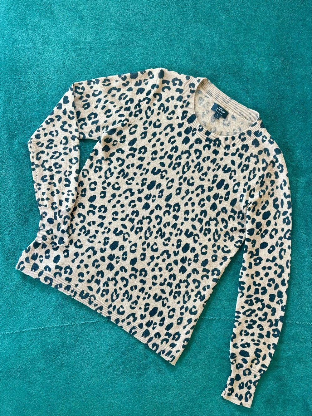 J. Crew Leopard Cashmere Crewneck Sweater in Tan & Black